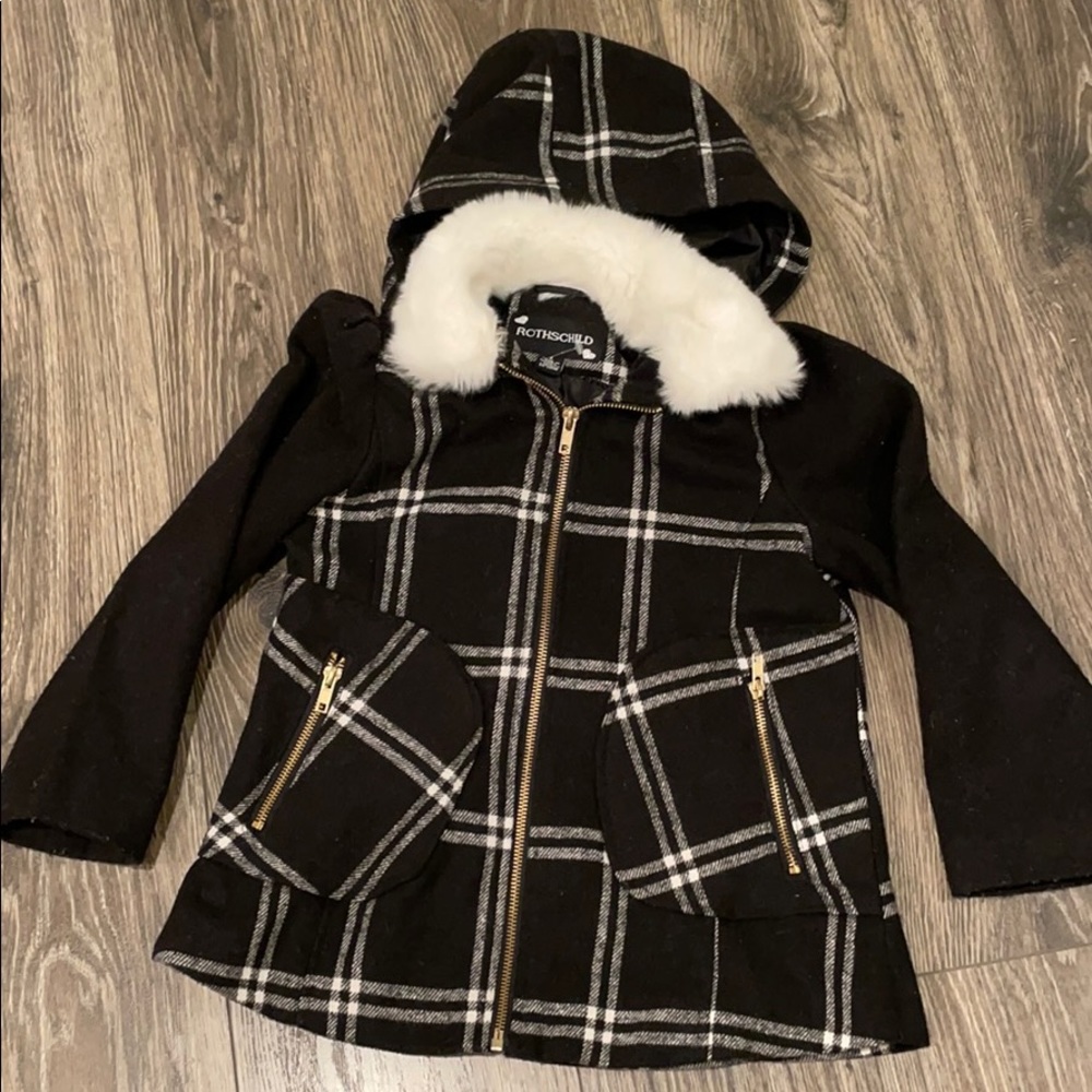 Rothschild Black & White Plaid Hooded Coat with Faux Fur Trim